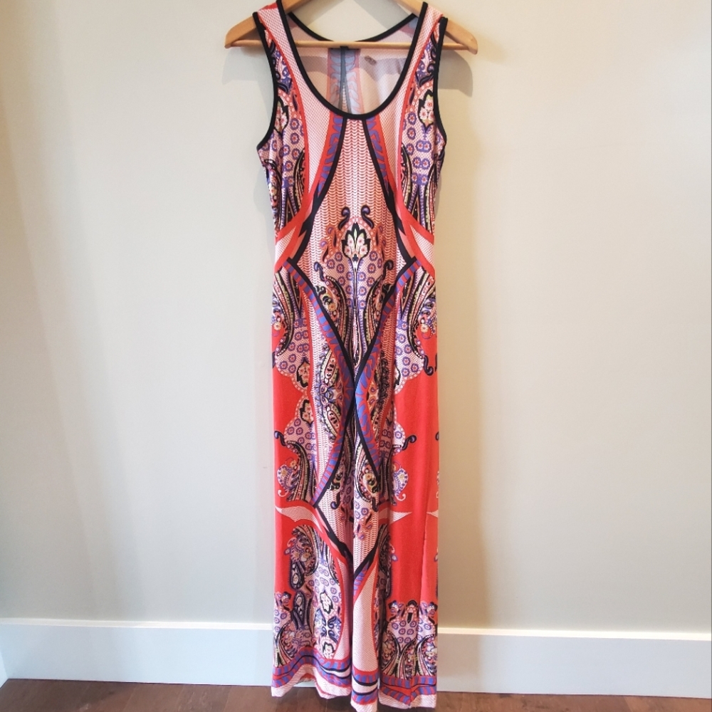 Snap Coral & Blue Form Fitting Maxi Dress (M)